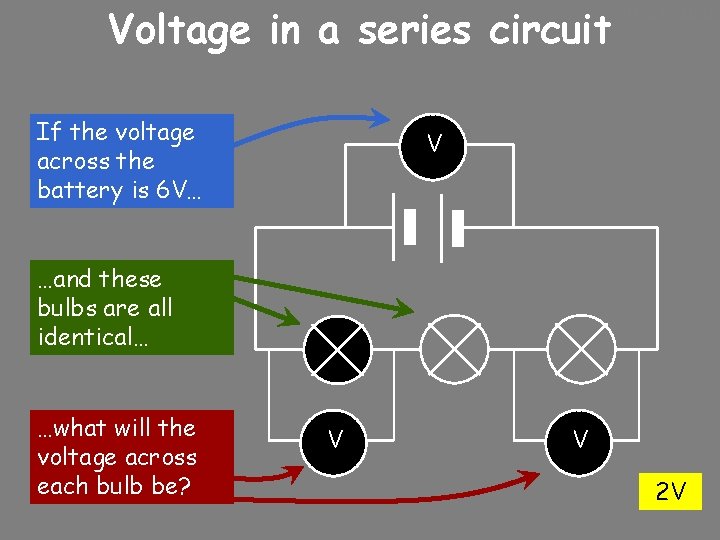 Voltage in a series circuit If the voltage across the battery is 6 V…