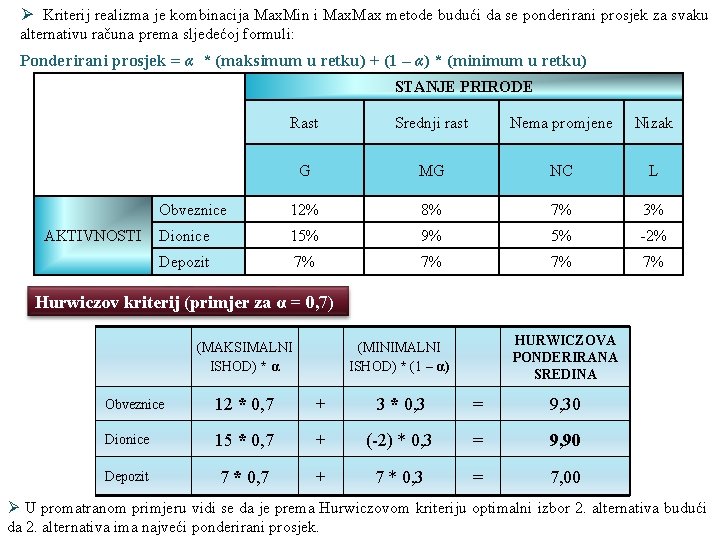 Ø Kriterij realizma je kombinacija Max. Min i Max metode budući da se ponderirani Ø Kriterij realizma je kombinacija Max. Min i Max metode budući da se ponderirani