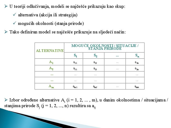 Ø U teoriji odlučivanja, modeli se najčešće prikazuju kao skup: ü alternativa (akcija ili Ø U teoriji odlučivanja, modeli se najčešće prikazuju kao skup: ü alternativa (akcija ili