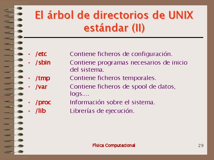 El árbol de directorios de UNIX estándar (II) • /etc • /sbin • /tmp