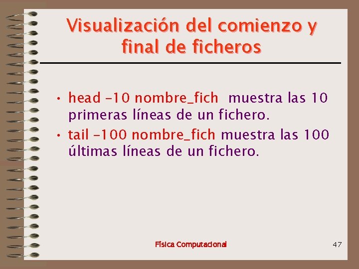 Visualización del comienzo y final de ficheros • head – 10 nombre_fich muestra las