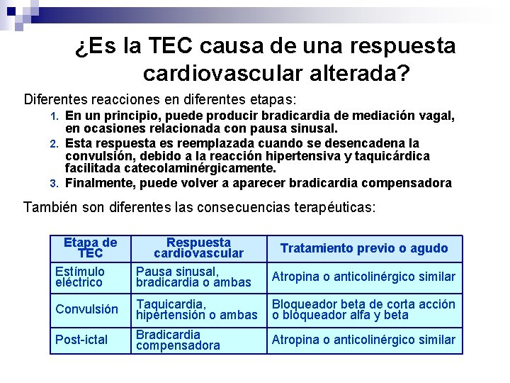 ¿Es la TEC causa de una respuesta cardiovascular alterada? Diferentes reacciones en diferentes etapas: