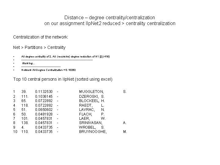 Distance – degree centrality/centralization on our assignment Ilp. Net 2 reduced > centrality centralization