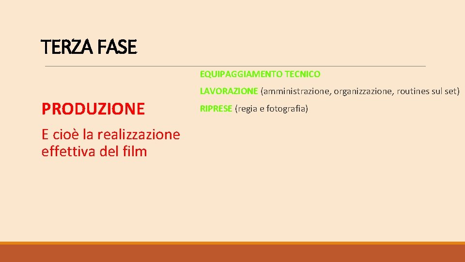 TERZA FASE EQUIPAGGIAMENTO TECNICO LAVORAZIONE (amministrazione, organizzazione, routines sul set) PRODUZIONE E cioè la