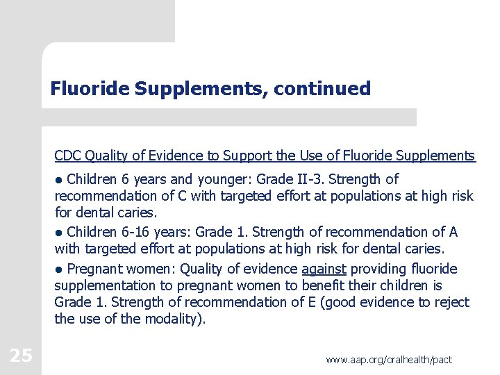 Fluoride Supplements, continued CDC Quality of Evidence to Support the Use of Fluoride Supplements Fluoride Supplements, continued CDC Quality of Evidence to Support the Use of Fluoride Supplements