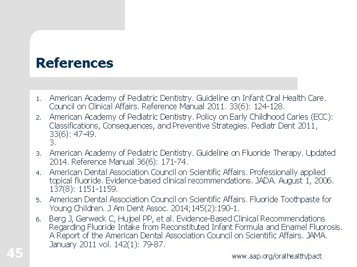 References 1. 2. 3. 4. 5. 6. 45 American Academy of Pediatric Dentistry. Guideline References 1. 2. 3. 4. 5. 6. 45 American Academy of Pediatric Dentistry. Guideline