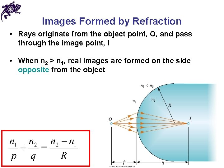 Images Formed by Refraction • Rays originate from the object point, O, and pass