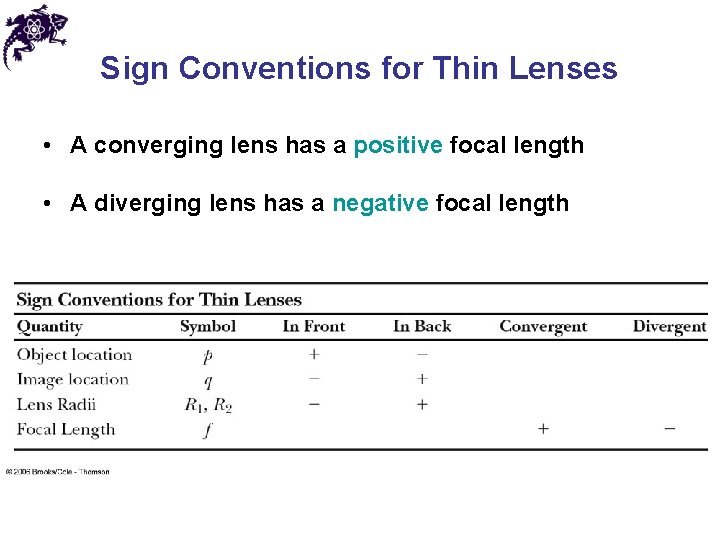 Sign Conventions for Thin Lenses • A converging lens has a positive focal length