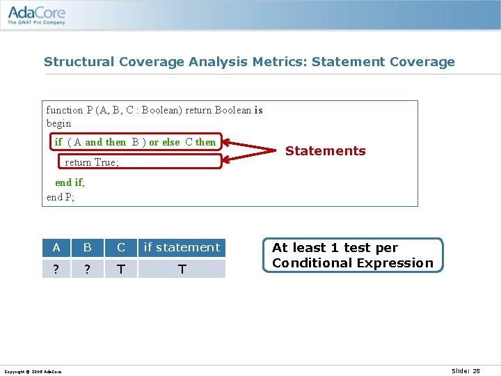 Structural Coverage Analysis Metrics: Statement Coverage function P (A, B, C : Boolean) return