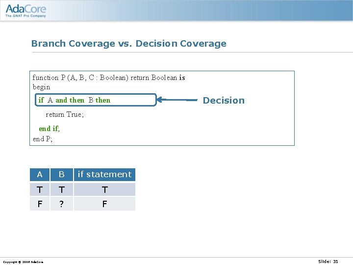 Branch Coverage vs. Decision Coverage function P (A, B, C : Boolean) return Boolean
