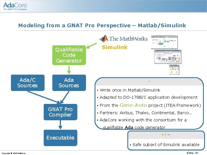 Modeling from a GNAT Pro Perspective – Matlab/Simulink Qualifiable Code Generator Ada/C Sources Ada
