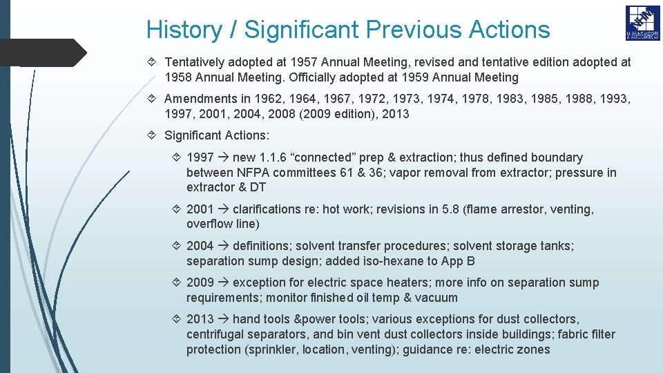 History / Significant Previous Actions Tentatively adopted at 1957 Annual Meeting, revised and tentative