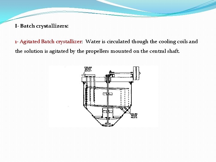 I- Batch crystallizers: 1 Agitated Batch crystallizer: Water is circulated though the cooling coils I- Batch crystallizers: 1 Agitated Batch crystallizer: Water is circulated though the cooling coils