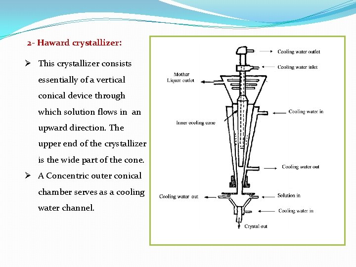 2 - Haward crystallizer: Ø This crystallizer consists essentially of a vertical conical device 2 - Haward crystallizer: Ø This crystallizer consists essentially of a vertical conical device