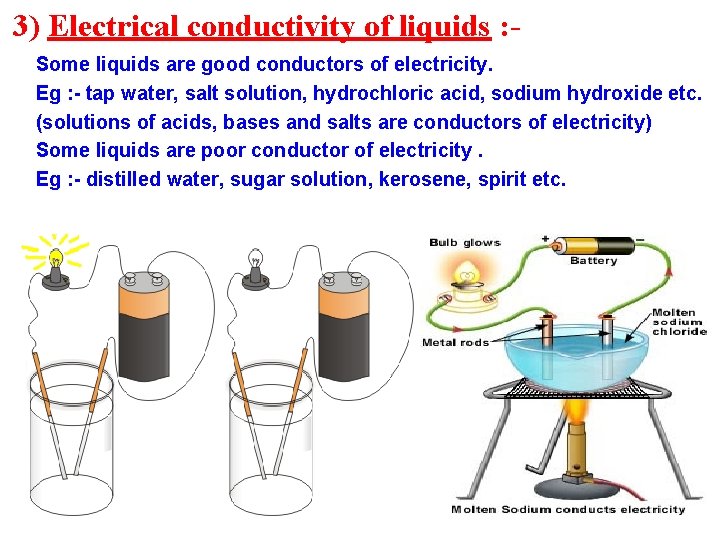 3) Electrical conductivity of liquids : Some liquids are good conductors of electricity. Eg