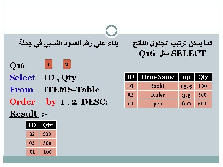  ﺑﻨﺎﺀ ﻋﻠﻲ ﺭﻗﻢ ﺍﻟﻌﻤﻮﺩ ﺍﻟﻨﺴﺒﻲ ﻓﻲ ﺟﻤﻠﺔ 1 2 Q 16 Select ID