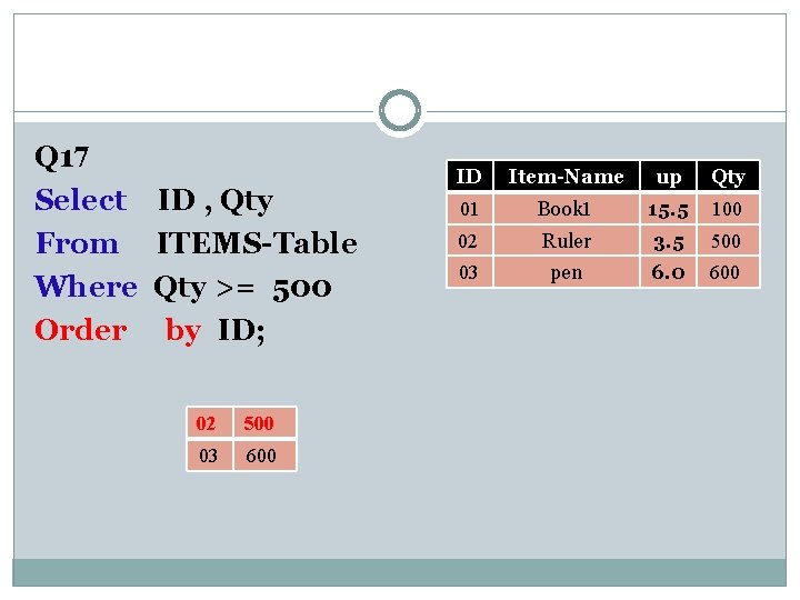 Q 17 Select From Where Order ID , Qty ITEMS-Table Qty >= 500 by