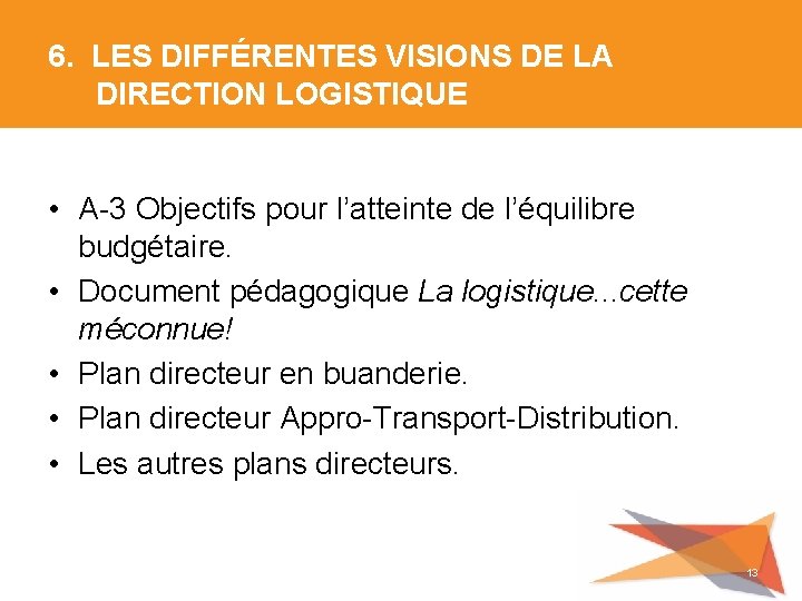 6. LES DIFFÉRENTES VISIONS DE LA DIRECTION LOGISTIQUE • A-3 Objectifs pour l’atteinte de