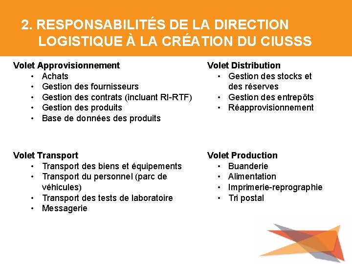 2. RESPONSABILITÉS DE LA DIRECTION LOGISTIQUE À LA CRÉATION DU CIUSSS Volet Approvisionnement •