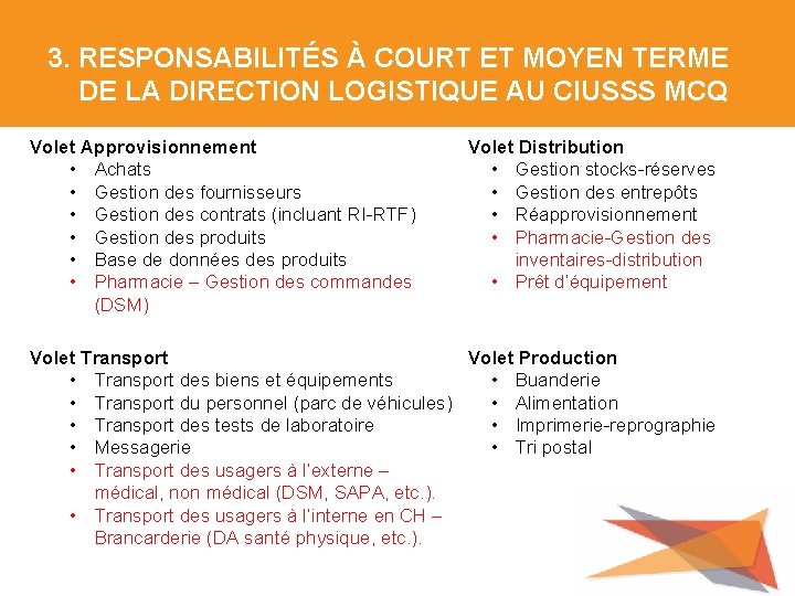 3. RESPONSABILITÉS À COURT ET MOYEN TERME DE LA DIRECTION LOGISTIQUE AU CIUSSS MCQ