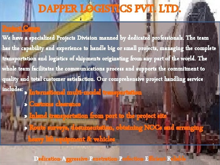 DAPPER LOGISTICS PVT. LTD. Project Cargo We have a specialized Projects Division manned by