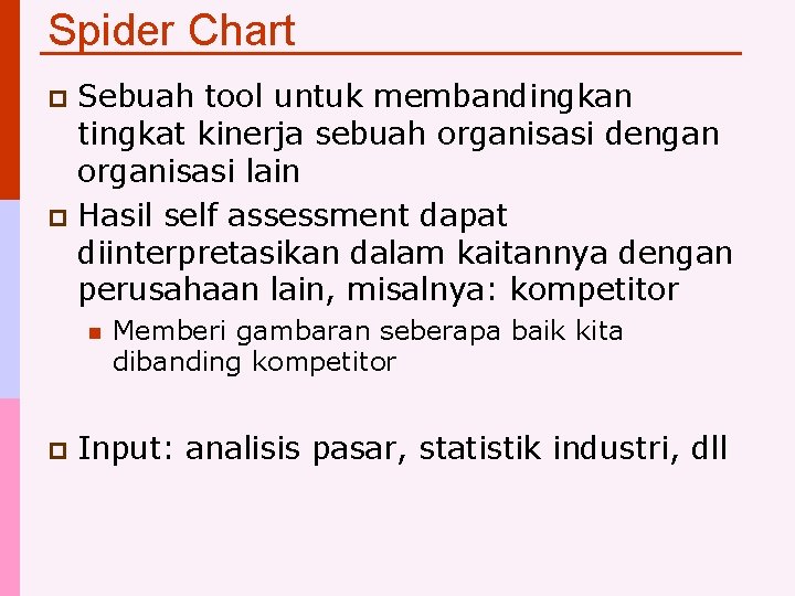 Spider Chart Sebuah tool untuk membandingkan tingkat kinerja sebuah organisasi dengan organisasi lain p