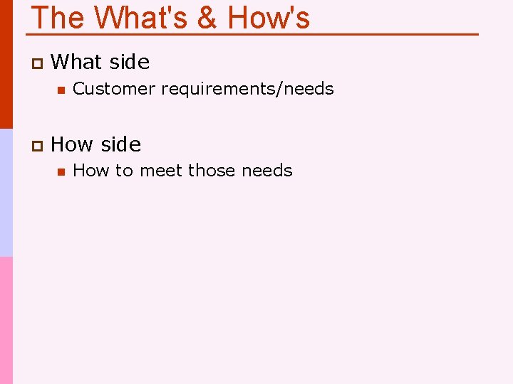 The What's & How's p What side n p Customer requirements/needs How side n