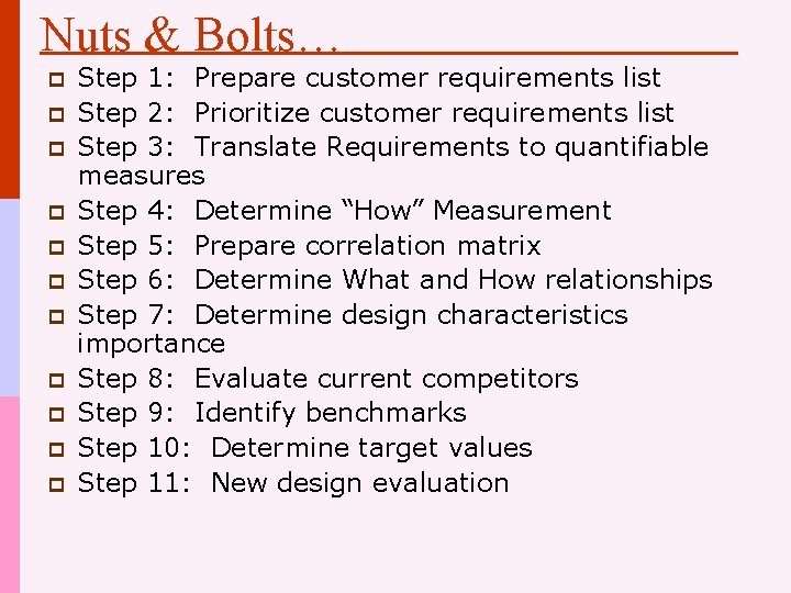 Nuts & Bolts… p p p Step 1: Prepare customer requirements list Step 2: