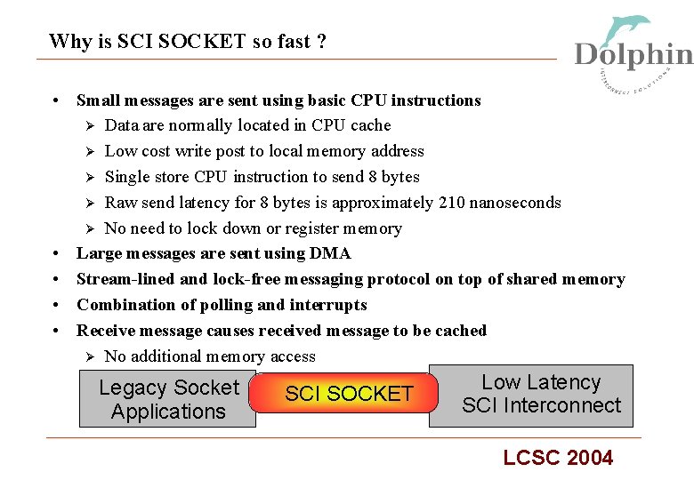 Why is SCI SOCKET so fast ? • Small messages are sent using basic