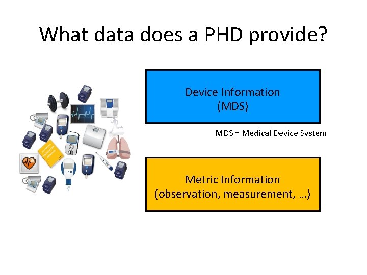 What data does a PHD provide? Device Information (MDS) MDS = Medical Device System