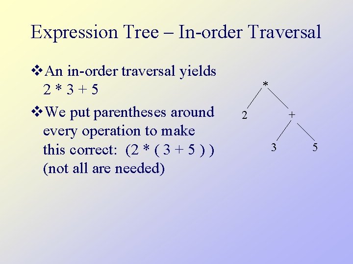 Expression Tree – In-order Traversal v. An in-order traversal yields 2*3+5 v. We put