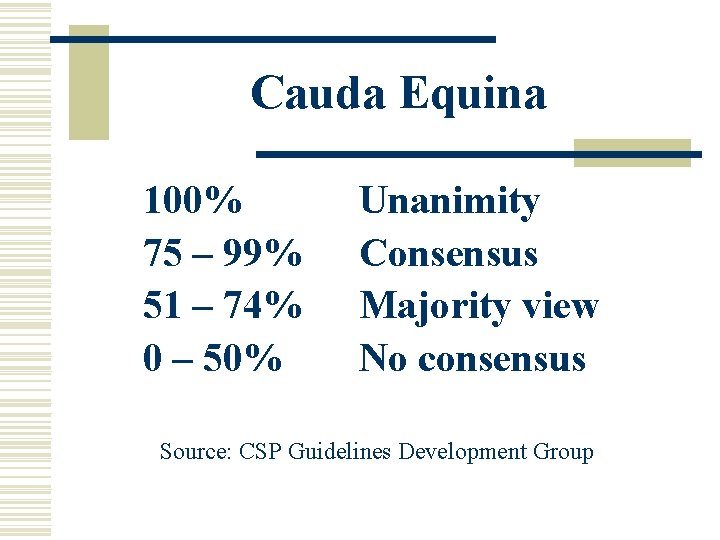 Cauda Equina 100% 75 – 99% 51 – 74% 0 – 50% Unanimity Consensus