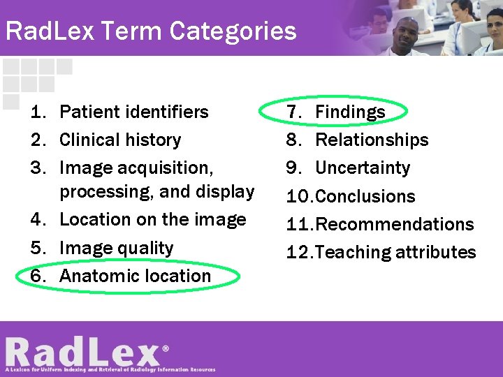 Rad. Lex Term Categories 1. Patient identifiers 2. Clinical history 3. Image acquisition, processing,