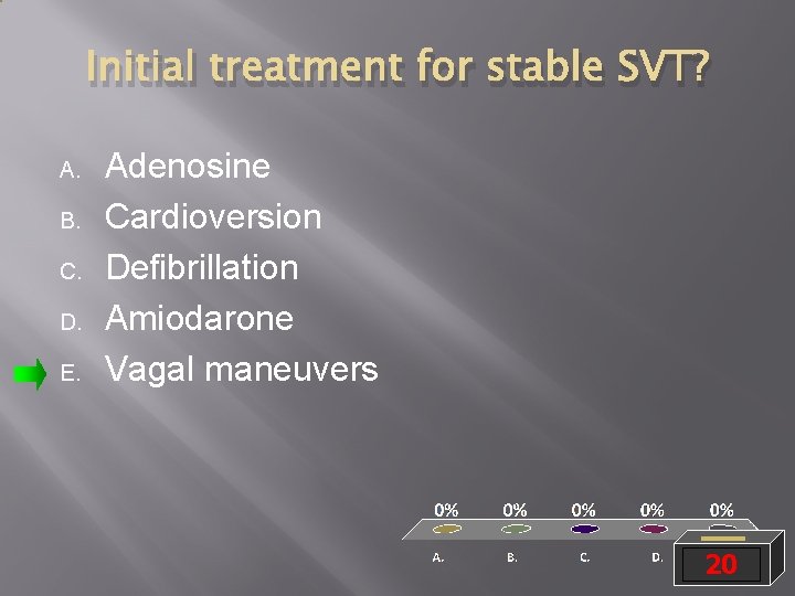 Initial treatment for stable SVT? A. B. C. D. E. Adenosine Cardioversion Defibrillation Amiodarone