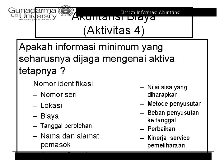 Sistem Informasi Akuntansi Biaya (Aktivitas 4) Apakah informasi minimum yang seharusnya dijaga mengenai aktiva