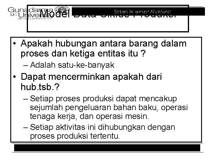 Sistem Informasi Akuntansi Model Data Siklus Produksi • Apakah hubungan antara barang dalam proses