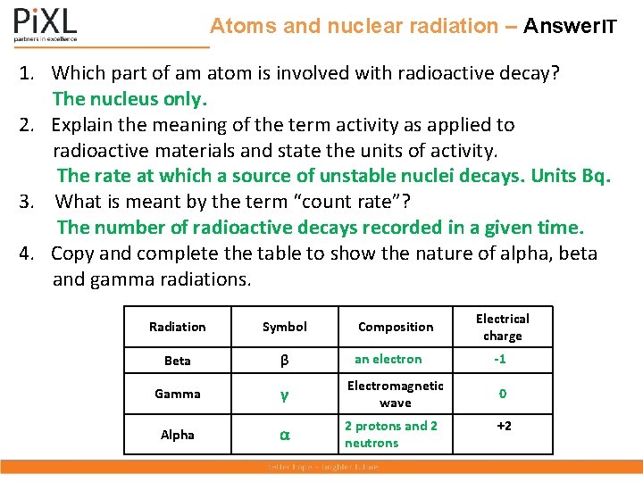 Atoms and nuclear radiation – Answer. IT 1. Which part of am atom is