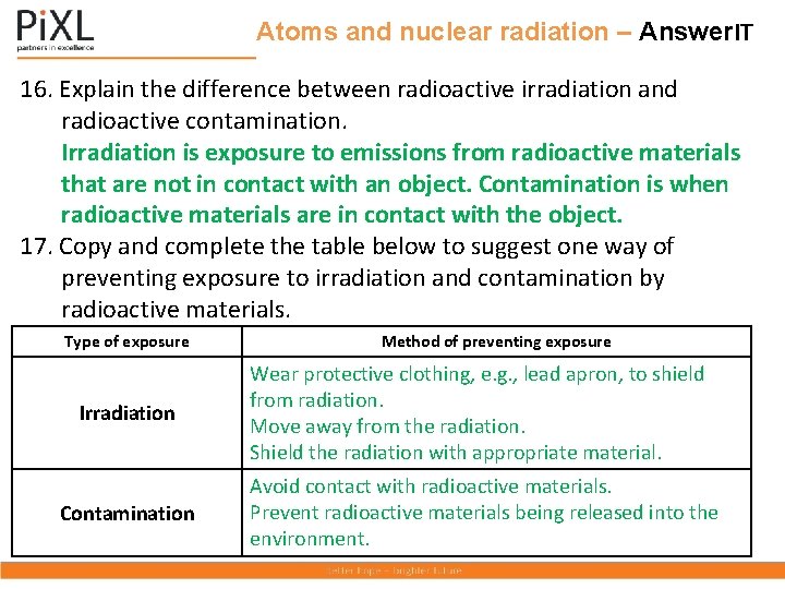 Atoms and nuclear radiation – Answer. IT 16. Explain the difference between radioactive irradiation
