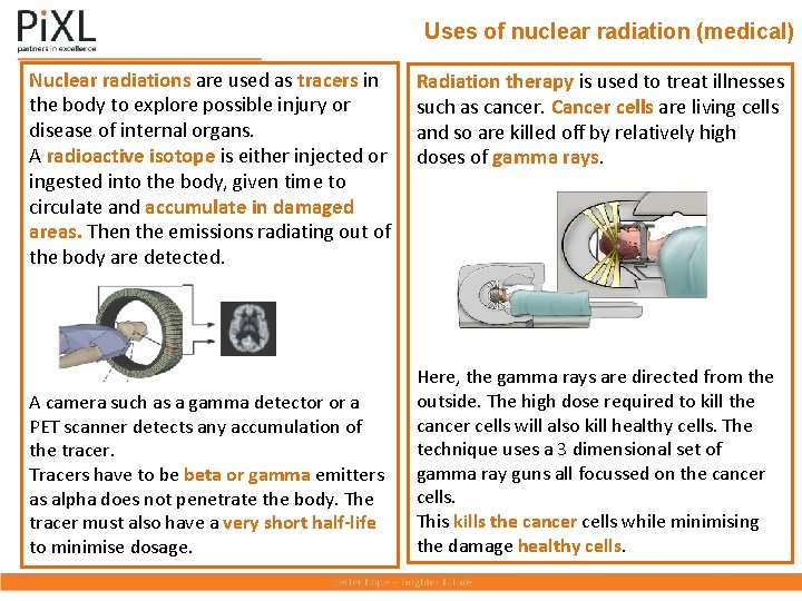 Uses of nuclear radiation (medical) Nuclear radiations are used as tracers in the body