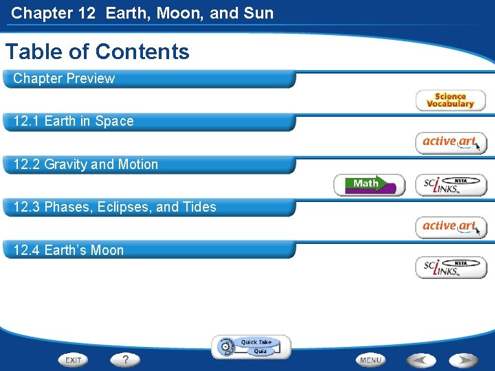 Chapter 12 Earth, Moon, and Sun Table of Contents Chapter 12. 1 Earth Preview