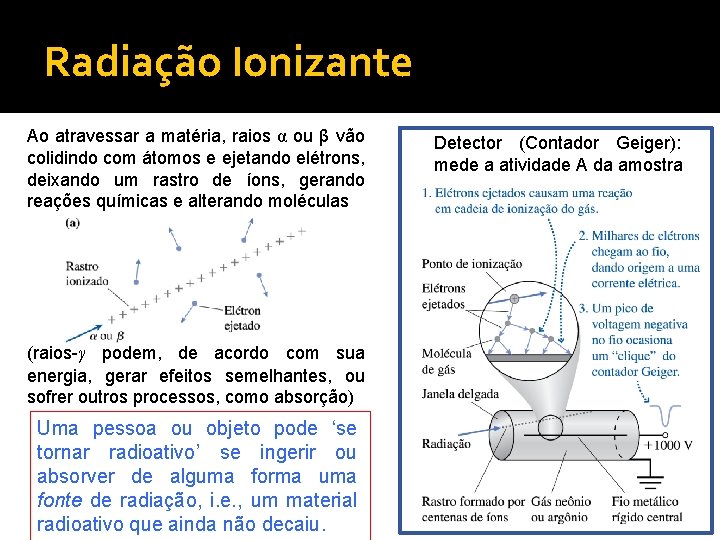 Radiação Ionizante Ao atravessar a matéria, raios α ou β vão colidindo com átomos