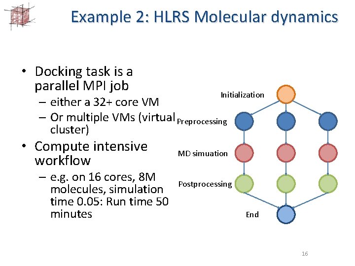 Example 2: HLRS Molecular dynamics • Docking task is a parallel MPI job Initialization