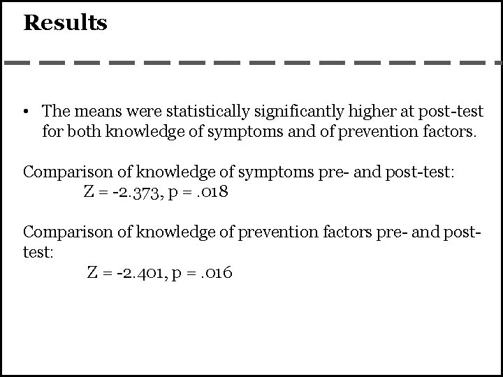 Results • The means were statistically significantly higher at post-test for both knowledge of