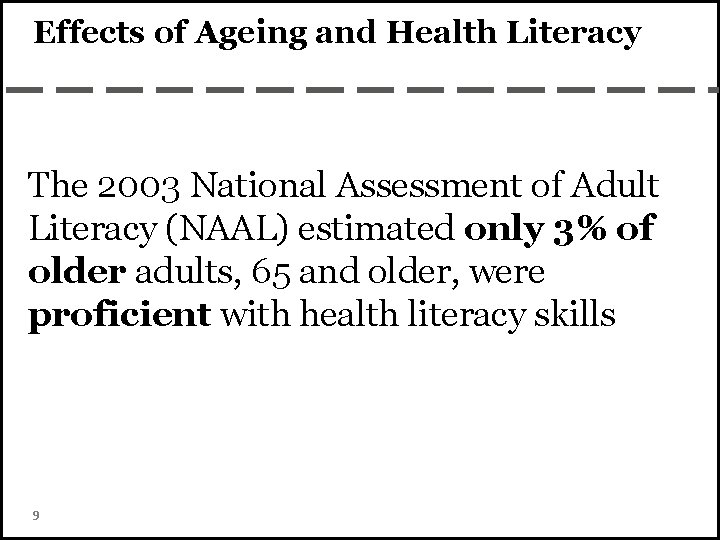 Effects of Ageing and Health Literacy The 2003 National Assessment of Adult Literacy (NAAL)