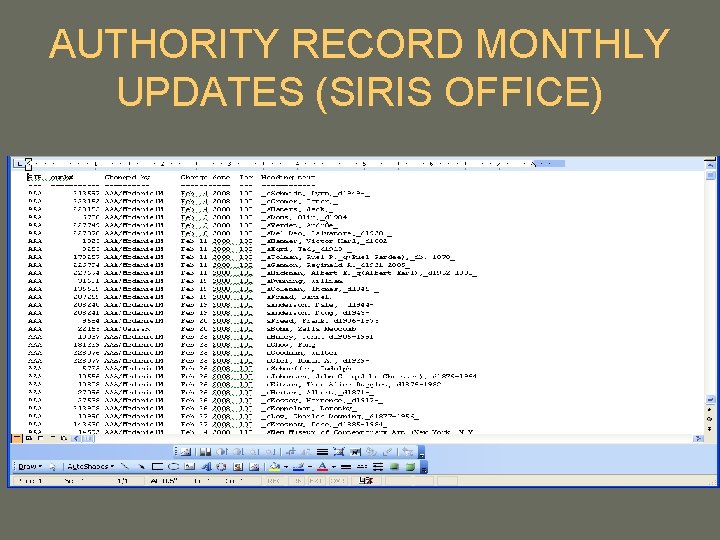 AUTHORITY RECORD MONTHLY UPDATES (SIRIS OFFICE) AUTHORITY RECORD MONTHLY UPDATES (SIRIS OFFICE)
