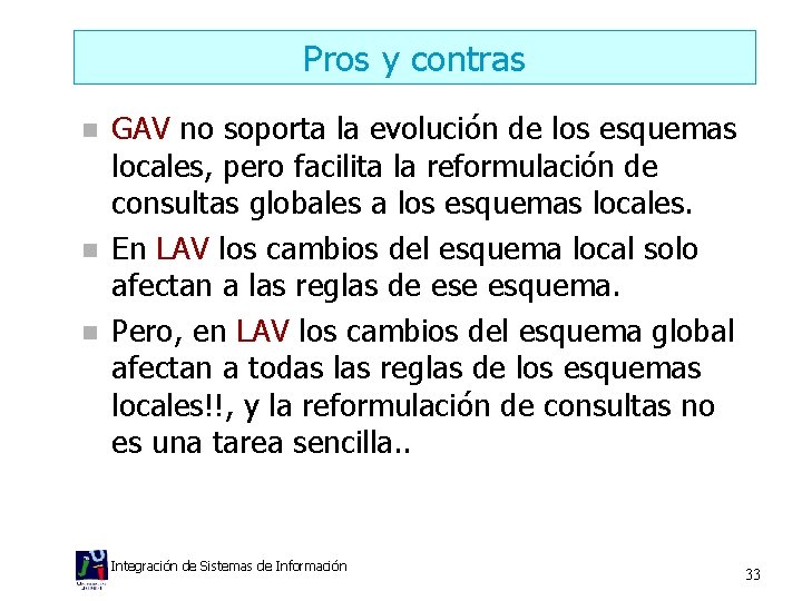 Pros y contras n n n GAV no soporta la evolución de los esquemas