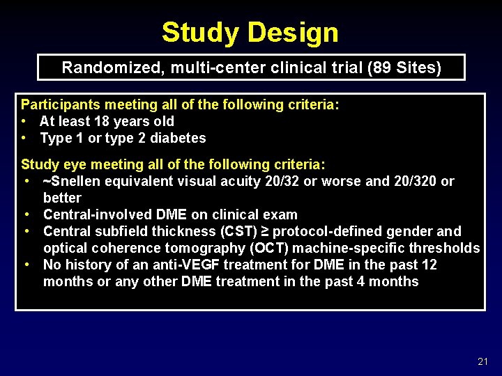 Study Design Randomized, multi-center clinical trial (89 Sites) Participants meeting all of the following