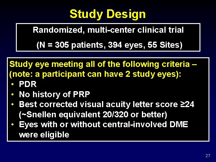 Study Design Randomized, multi-center clinical trial (N = 305 patients, 394 eyes, 55 Sites)