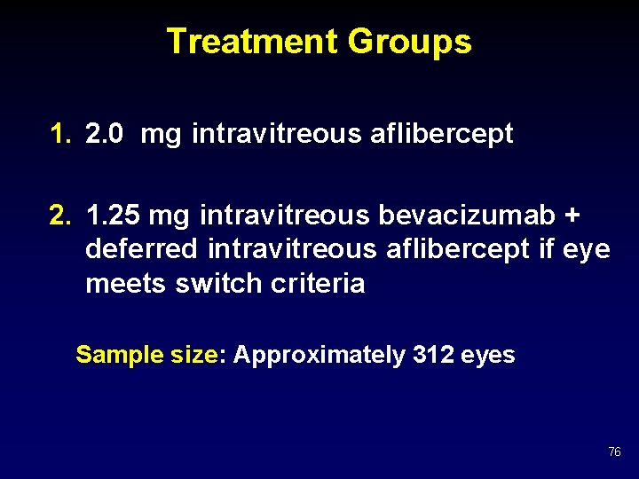 Treatment Groups 1. 2. 0 mg intravitreous aflibercept 2. 1. 25 mg intravitreous bevacizumab