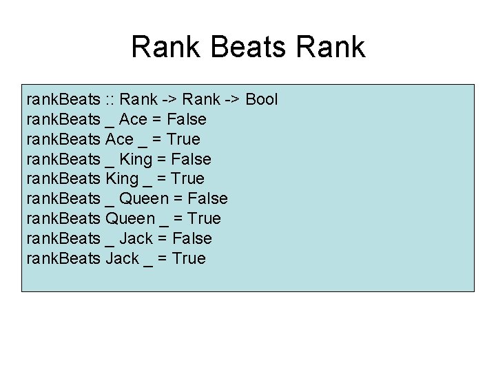 Rank Beats Rank rank. Beats : : Rank -> Bool rank. Beats _ Ace